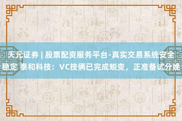 天元证券 | 股票配资服务平台-真实交易系统安全稳定 泰和科技：VC技俩已完成蜕变，正准备试分娩